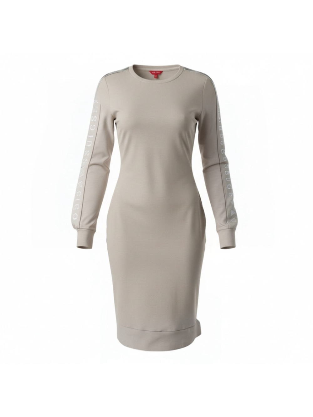Women's Guess Long Sleeve Dress Size M Beige Silver Logo Tape